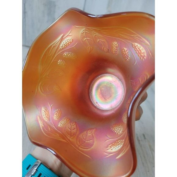 Fenton marigold Orange opalescent vase carnival leaf baseball vintage - Picture 7 of 8